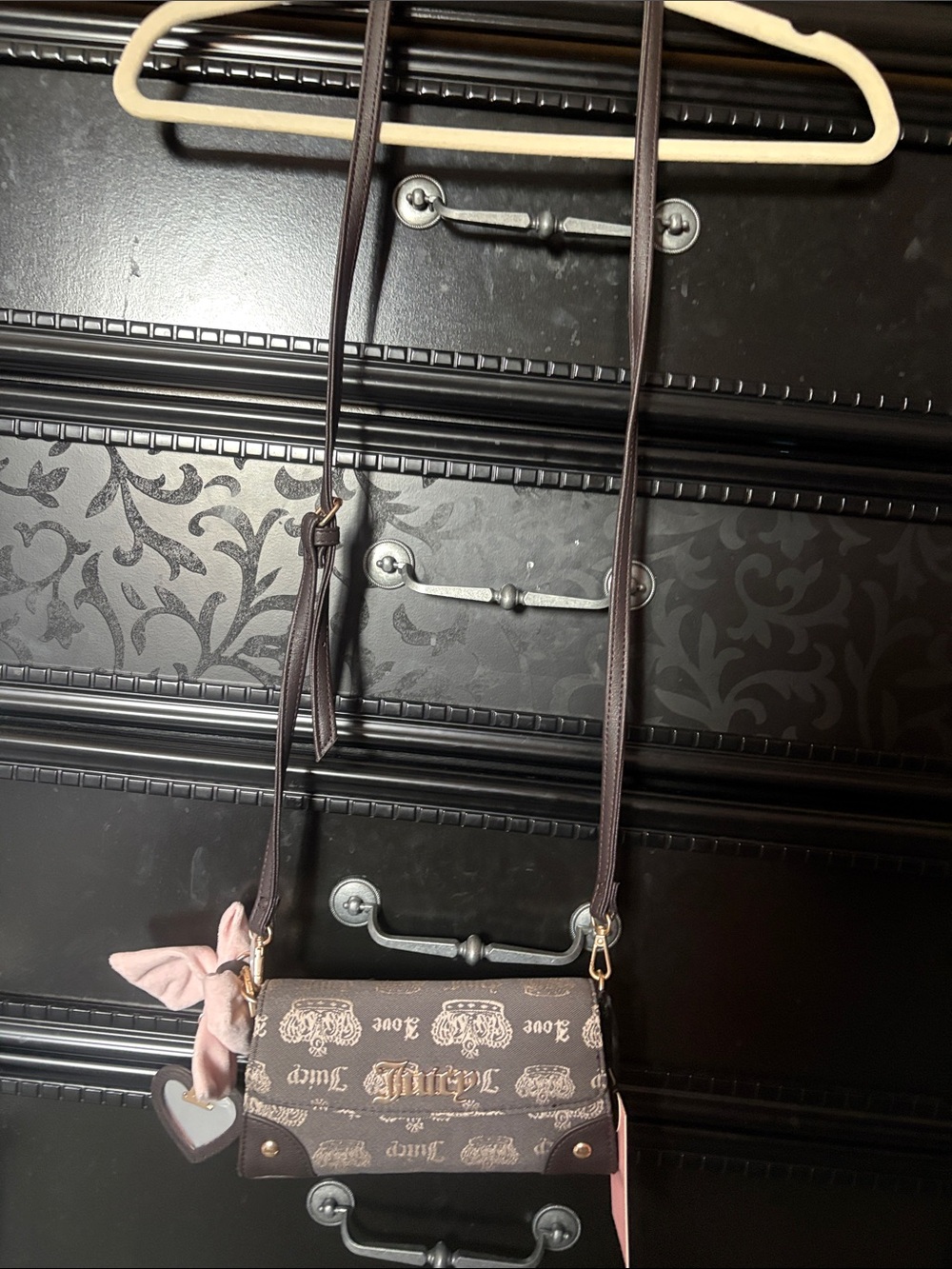 Juicy Couture Brown Logo Crossbody with Pink Bow Charm EXCLUSIVE